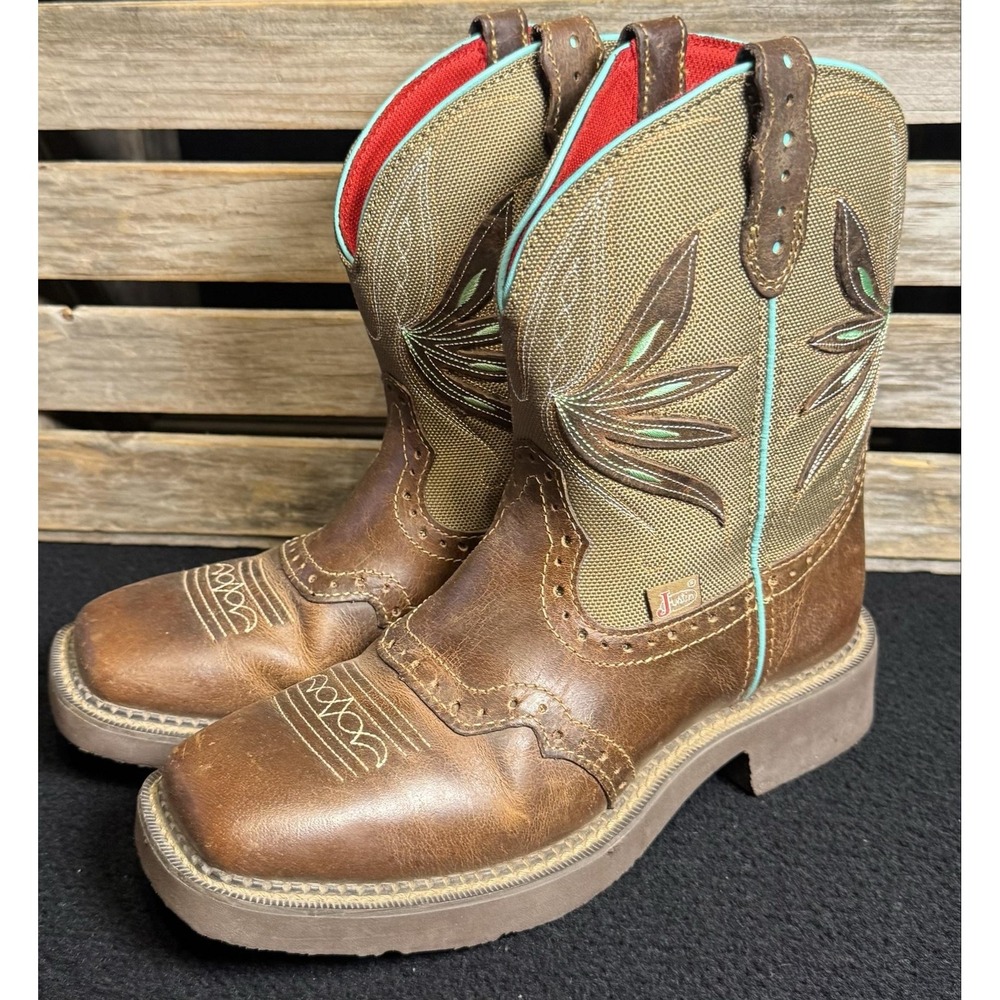 Justin Gypsy L9536 Womens 7.5 B Brown Leather Square Toe Western Work Boots - Picture 3 of 13
